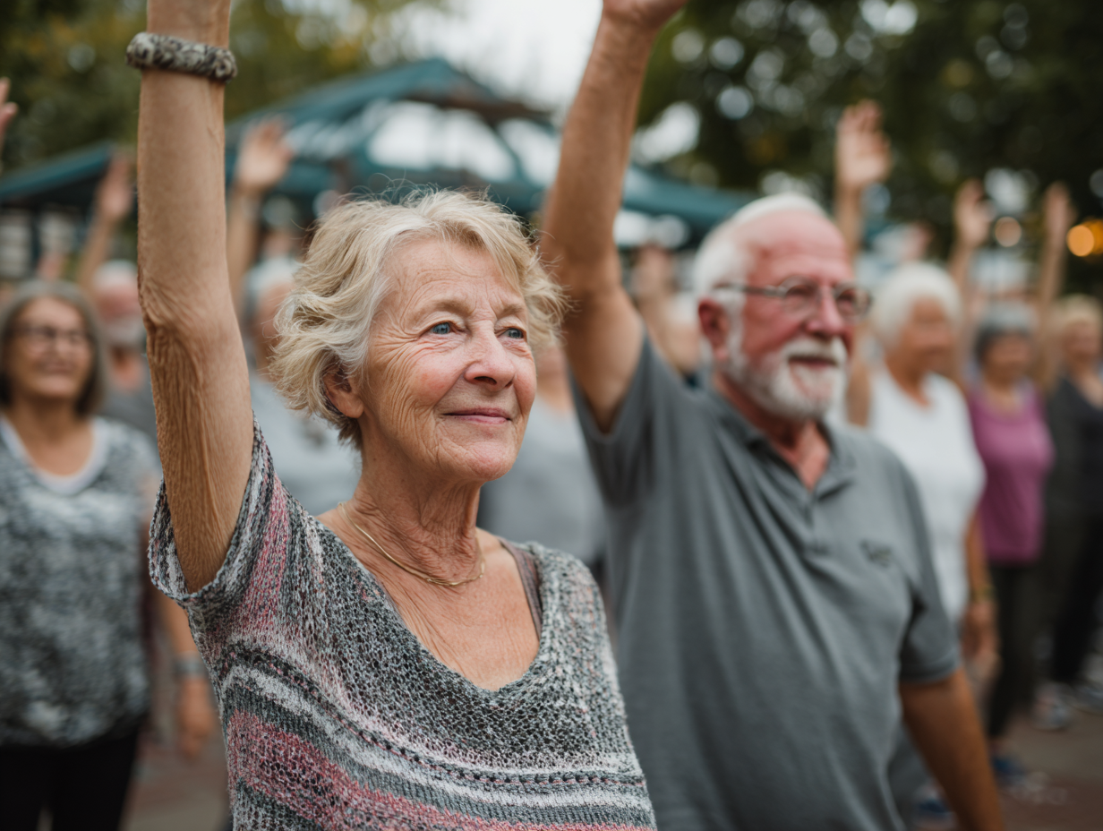 Старші люди займаються фітнесом в парку